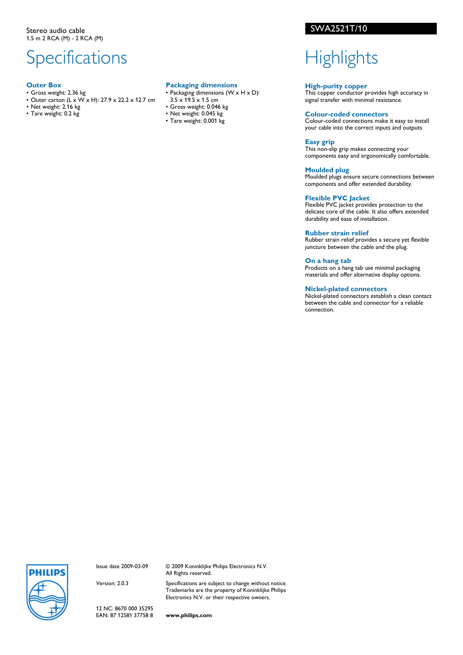 Specifications, Highlights | Philips SWA2521T User Manual | Page 2 / 2