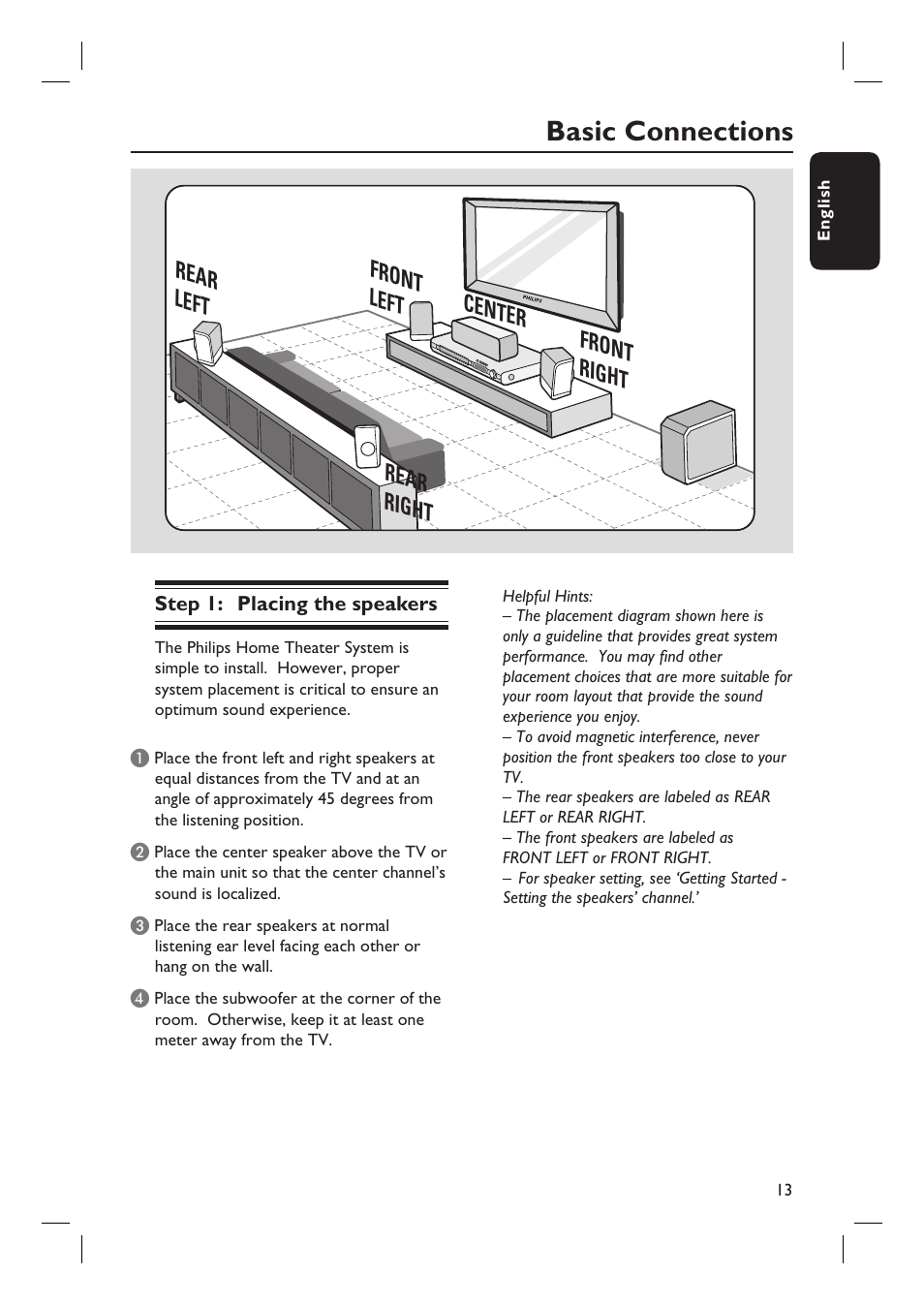 Basic connections, Front right front left center rear right rear left | Philips HTS3555 User Manual | Page 13 / 57