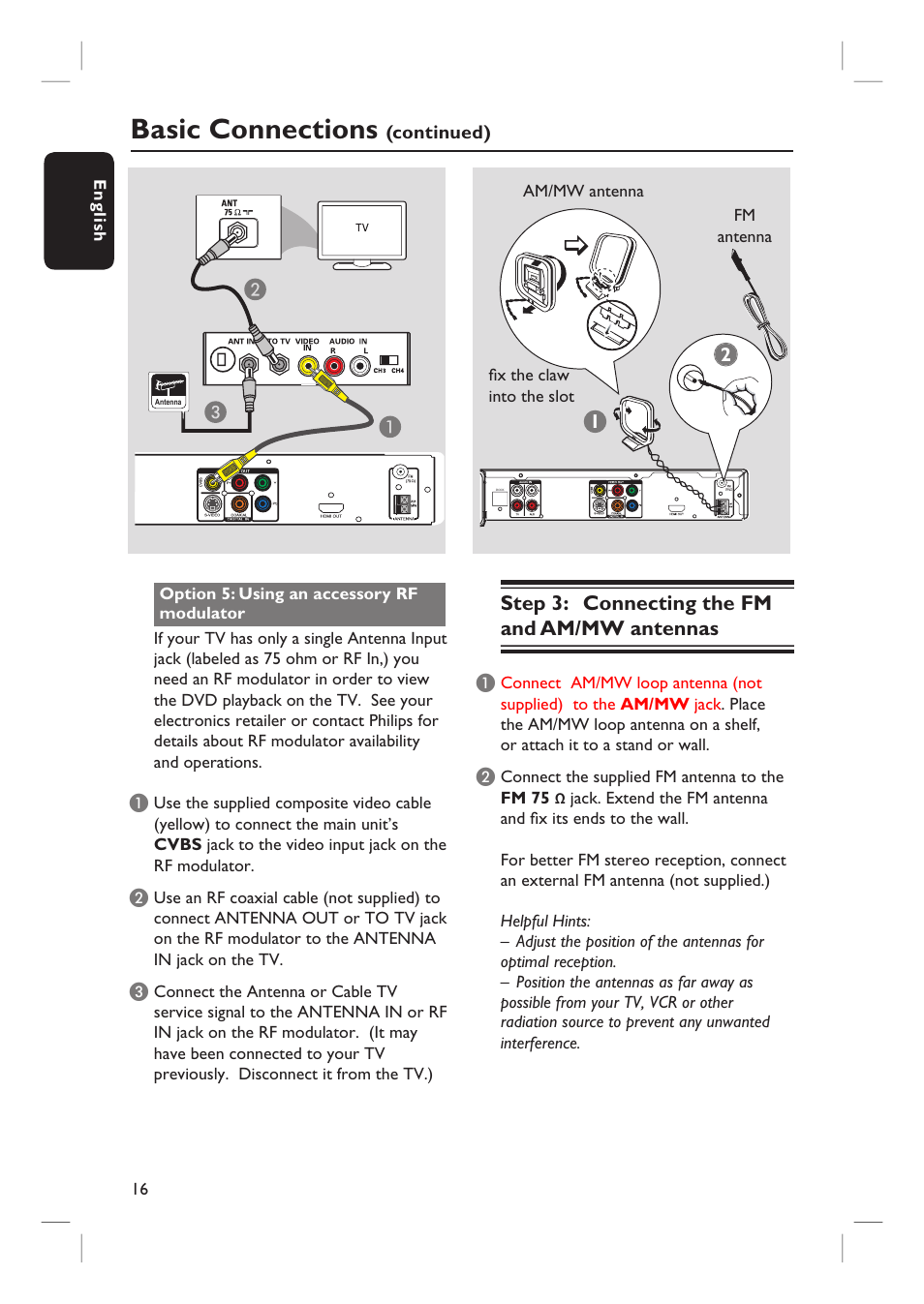 Basic connections, Step 3: connecting the fm and am/mw antennas | Philips HTS3555 User Manual | Page 16 / 57