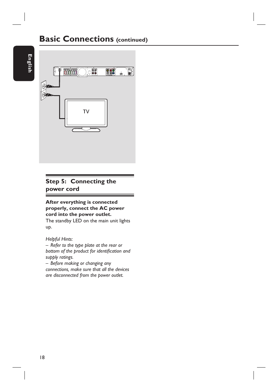 Basic connections, Step 5: connecting the power cord | Philips HTS3555 User Manual | Page 18 / 57