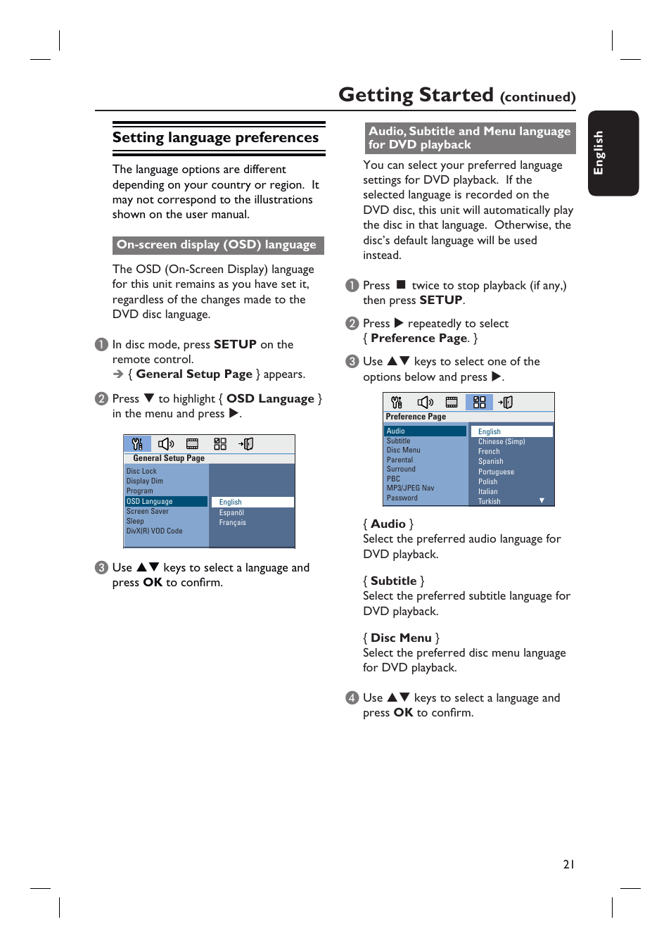 Getting started, Setting language preferences | Philips HTS3555 User Manual | Page 21 / 57