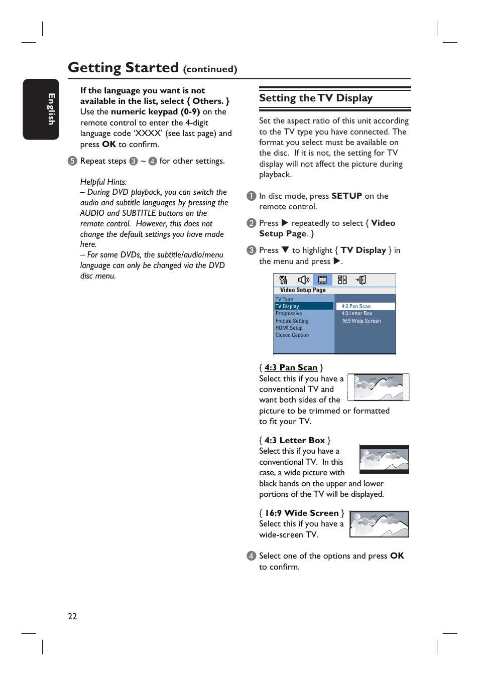 Getting started, Setting the tv display | Philips HTS3555 User Manual | Page 22 / 57