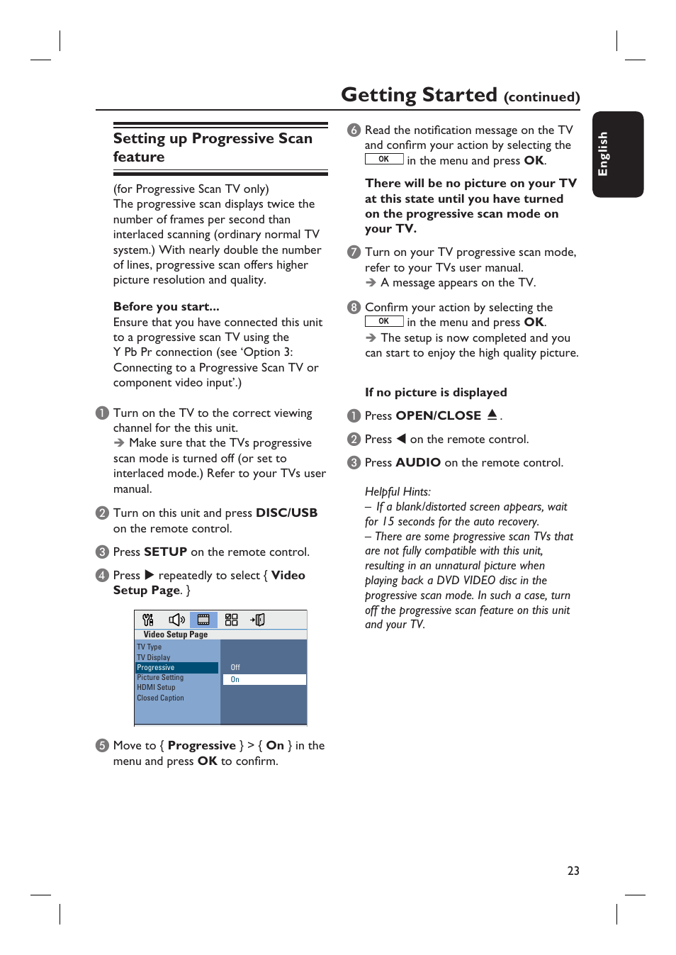 Getting started, Setting up progressive scan feature | Philips HTS3555 User Manual | Page 23 / 57