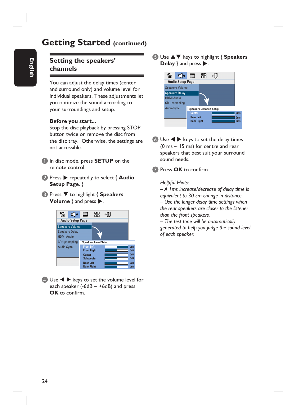 Getting started, Setting the speakers’ channels, Continued) | Philips HTS3555 User Manual | Page 24 / 57