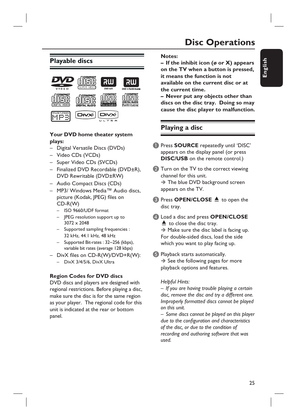 Disc operations, Playable discs, Playing a disc | Philips HTS3555 User Manual | Page 25 / 57