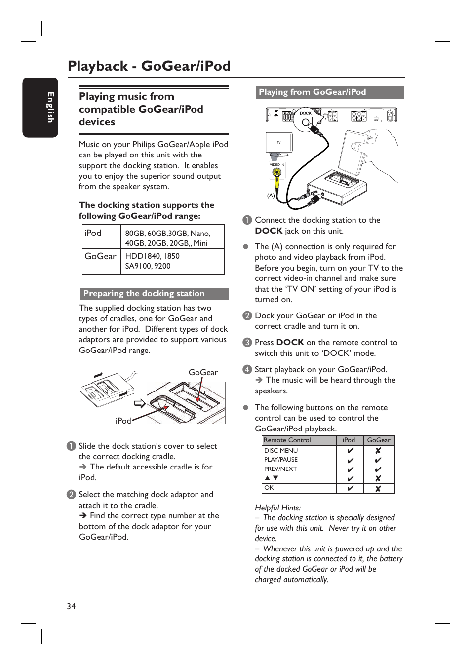 Playback - gogear/ipod, Playing music from compatible gogear/ipod devices | Philips HTS3555 User Manual | Page 34 / 57