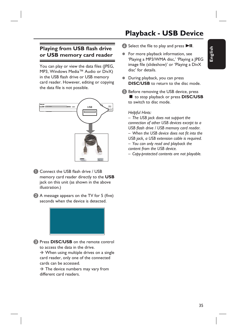 Playback - usb device | Philips HTS3555 User Manual | Page 35 / 57