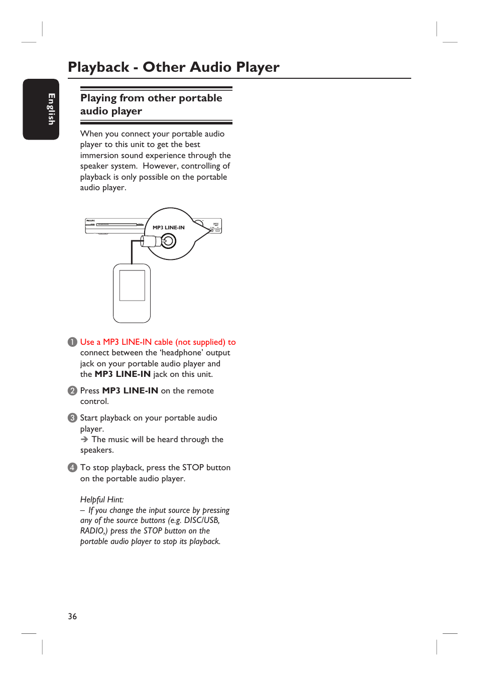 Playback - other audio player, Playing from other portable audio player | Philips HTS3555 User Manual | Page 36 / 57