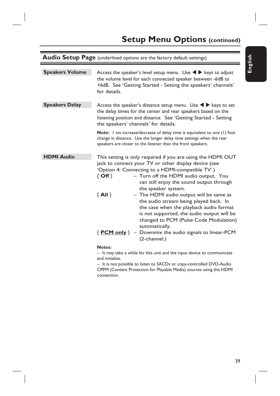 Setup menu options, Audio setup page | Philips HTS3555 User Manual | Page 39 / 57