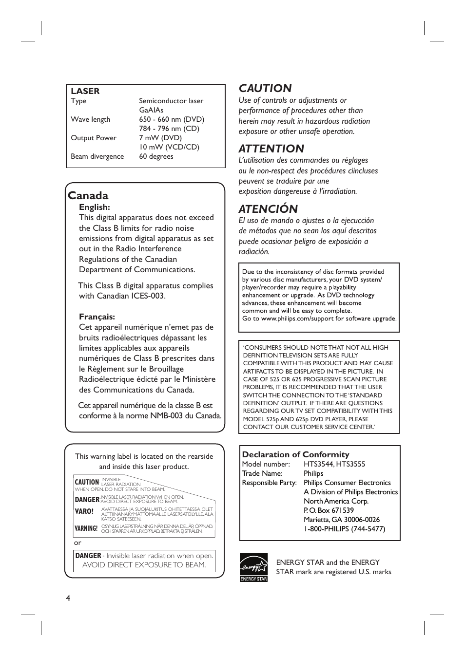 Canada, Caution, Attention | Atención | Philips HTS3555 User Manual | Page 4 / 57