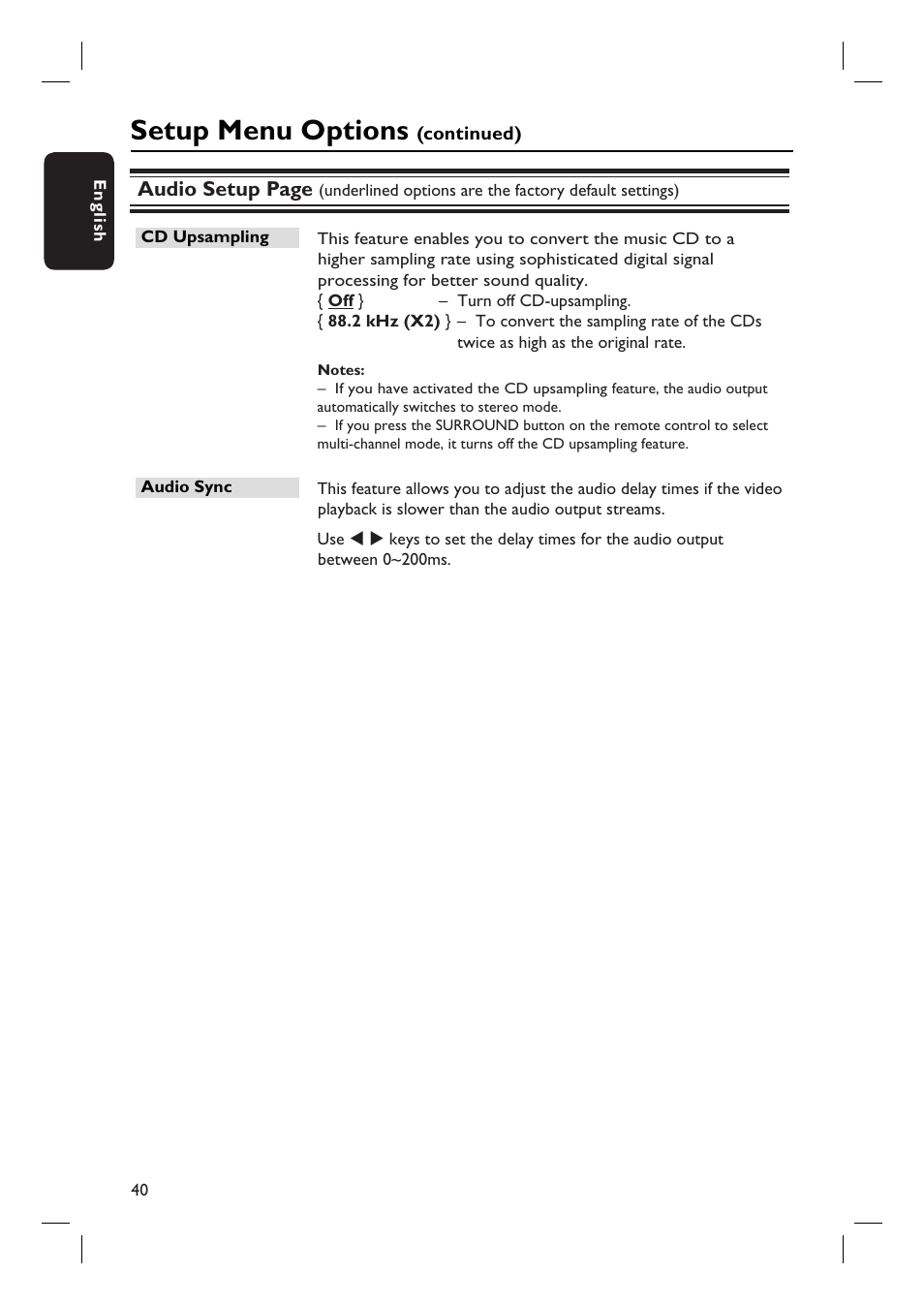 Setup menu options, Audio setup page | Philips HTS3555 User Manual | Page 40 / 57