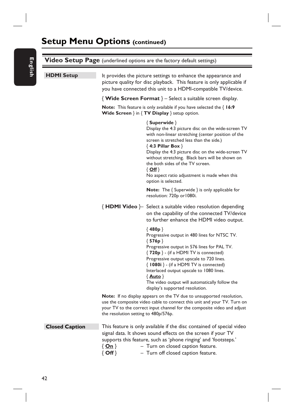 Setup menu options, Video setup page | Philips HTS3555 User Manual | Page 42 / 57