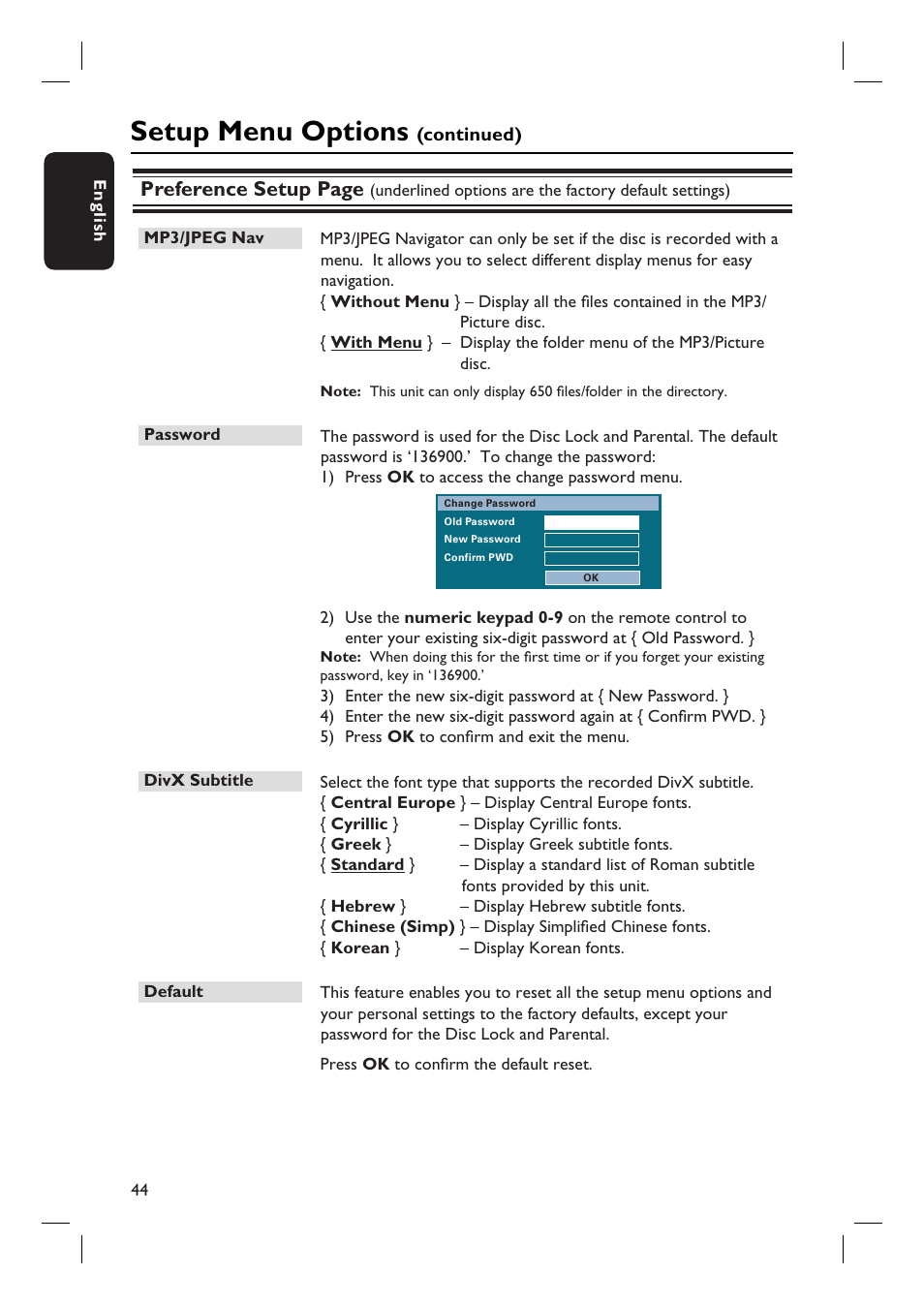 Setup menu options, Preference setup page | Philips HTS3555 User Manual | Page 44 / 57