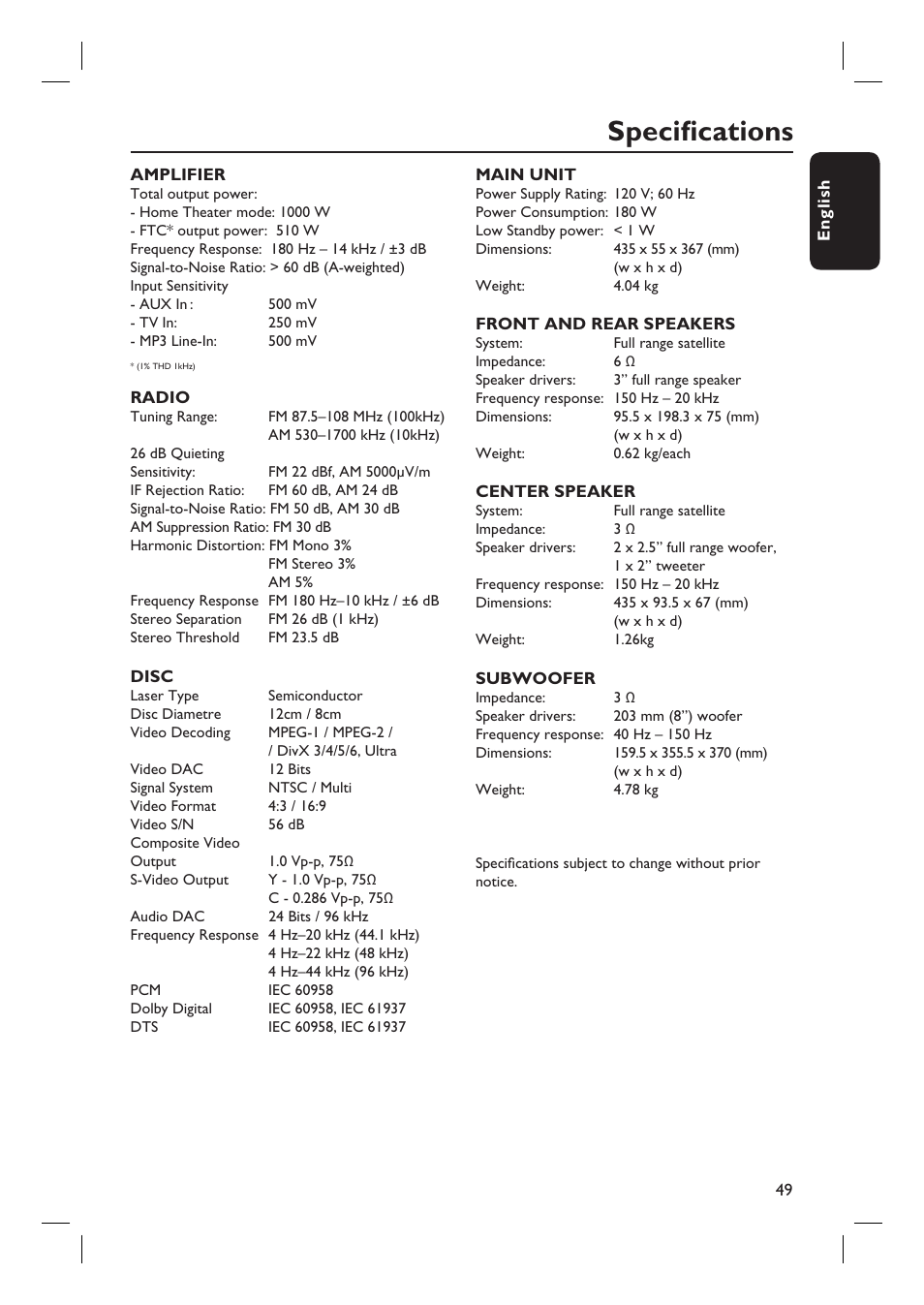 Specifi cations | Philips HTS3555 User Manual | Page 49 / 57