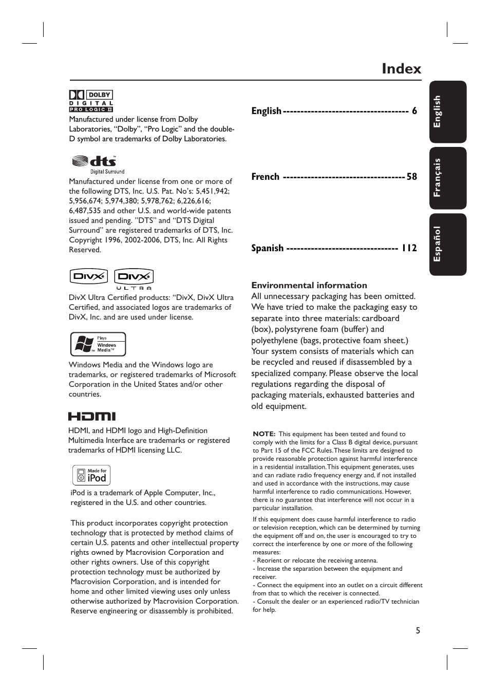 Index | Philips HTS3555 User Manual | Page 5 / 57