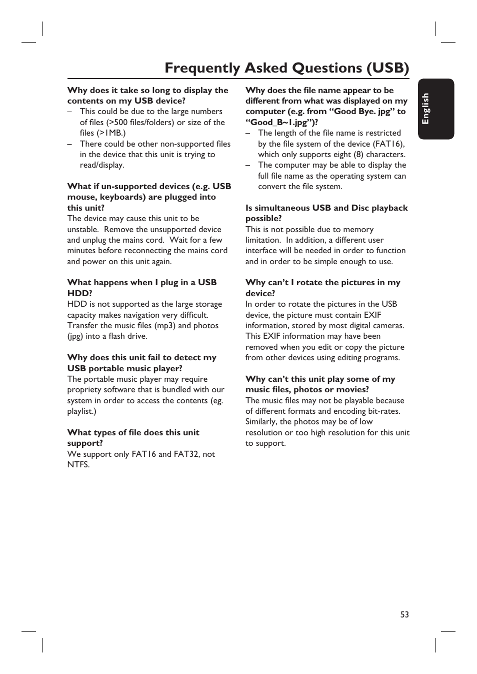 Frequently asked questions (usb) | Philips HTS3555 User Manual | Page 53 / 57