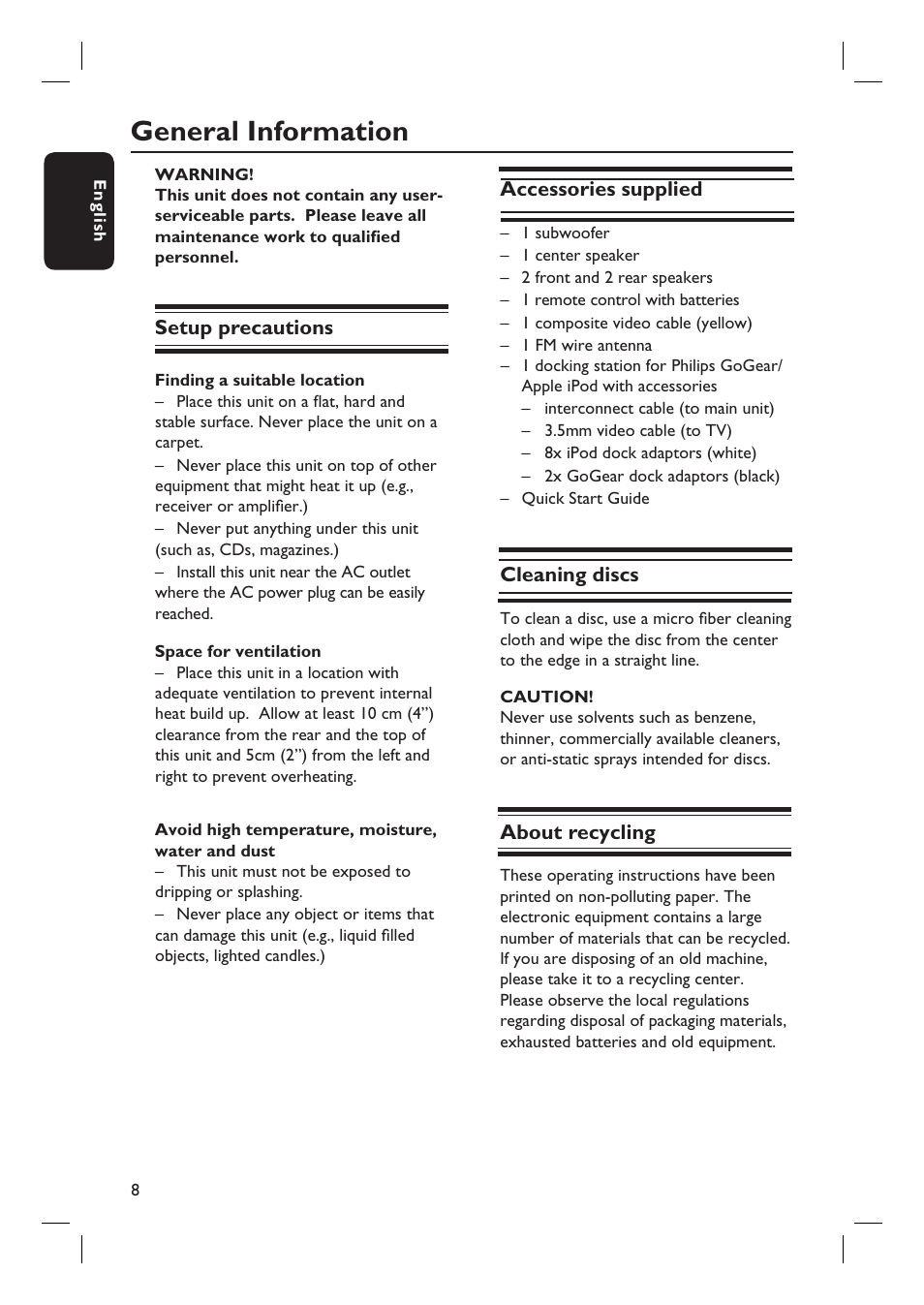 General information | Philips HTS3555 User Manual | Page 8 / 57