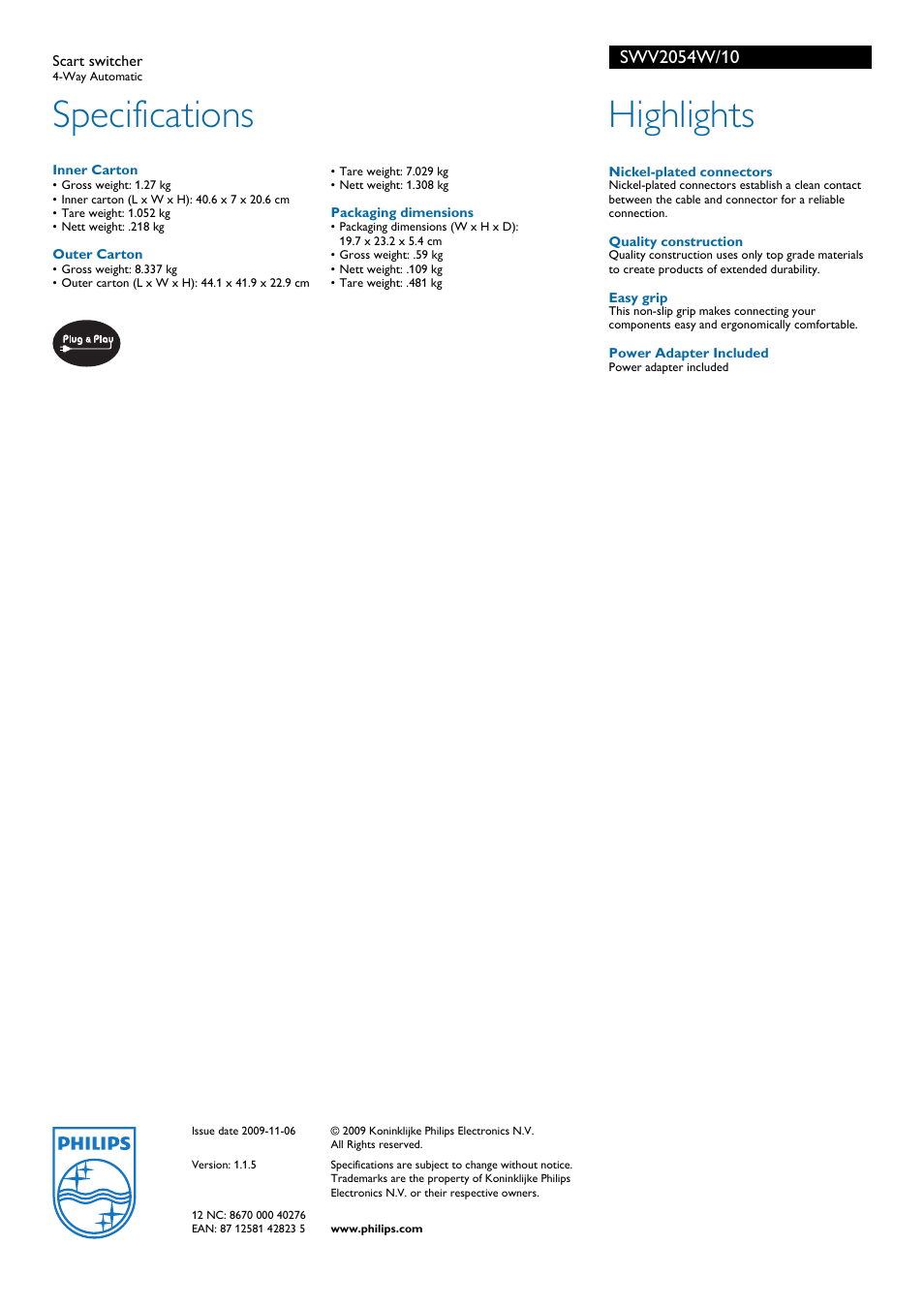 Specifications, Highlights | Philips SWV2054W User Manual | Page 2 / 2
