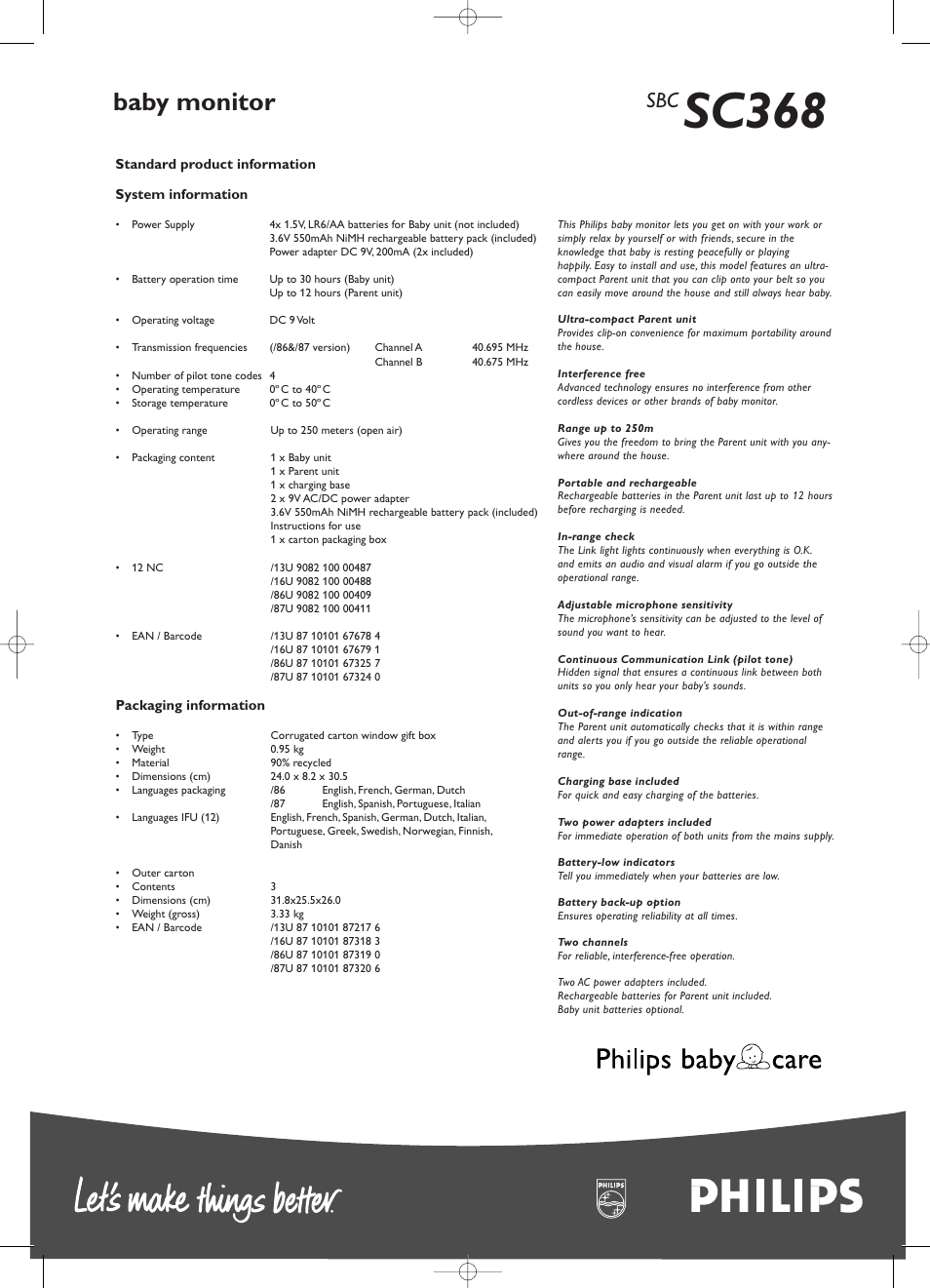 Sc368, Baby monitor | Philips SC368 User Manual | Page 2 / 2