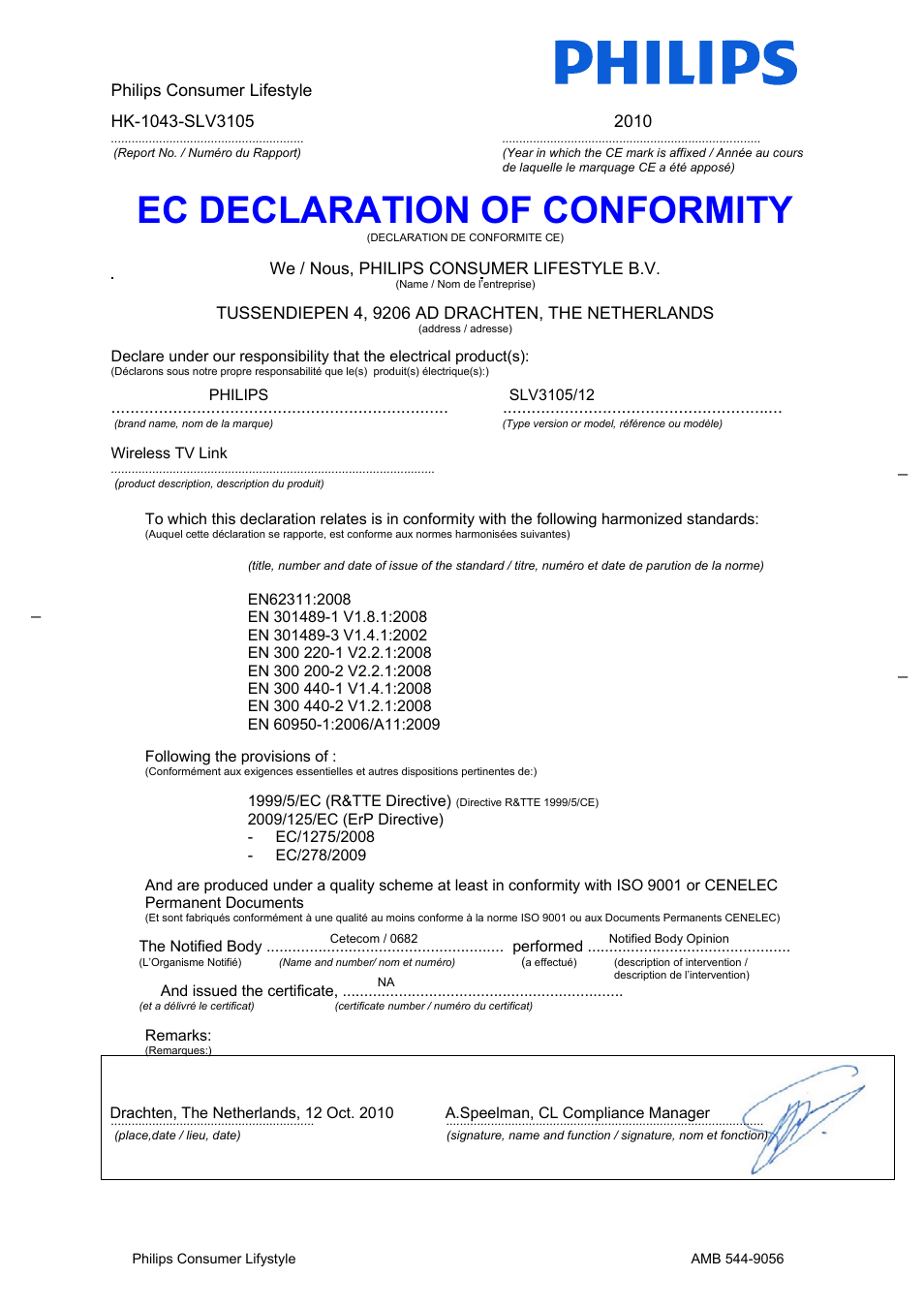 Ec declaration of conformity | Philips SLV3105 User Manual | Page 17 / 18