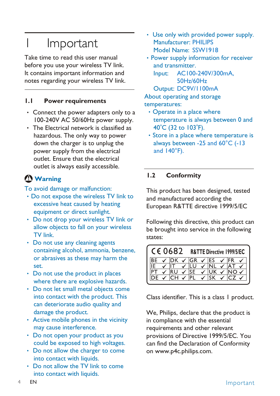 1 important | Philips SLV3105 User Manual | Page 4 / 18