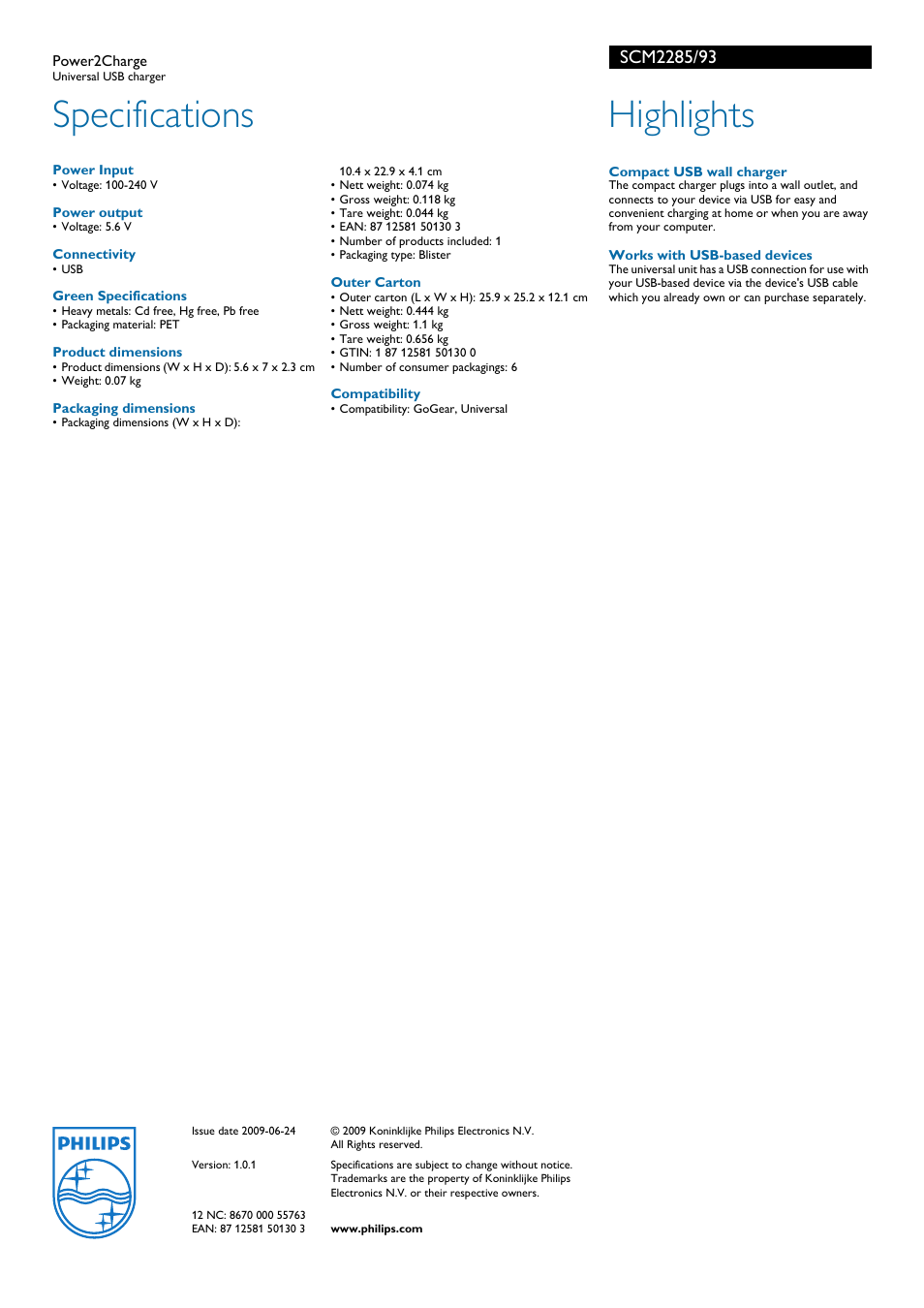 Specifications, Highlights | Philips Power2Charge SCM2285 User Manual | Page 2 / 2