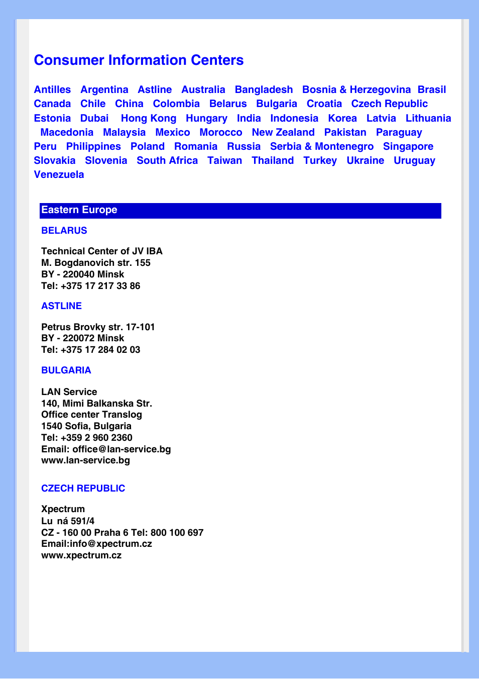 Consumer information centers | Philips 220AW8 User Manual | Page 67 / 91