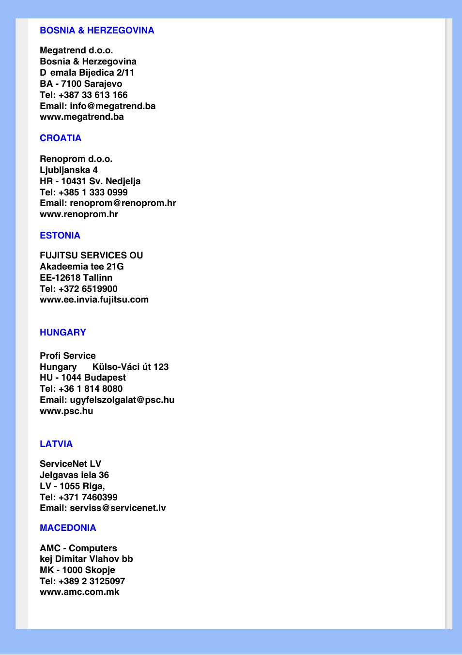 Bosnia & herzegovina, Croatia, Estonia | Hungary, Latvia, Macedonia | Philips 220AW8 User Manual | Page 68 / 91
