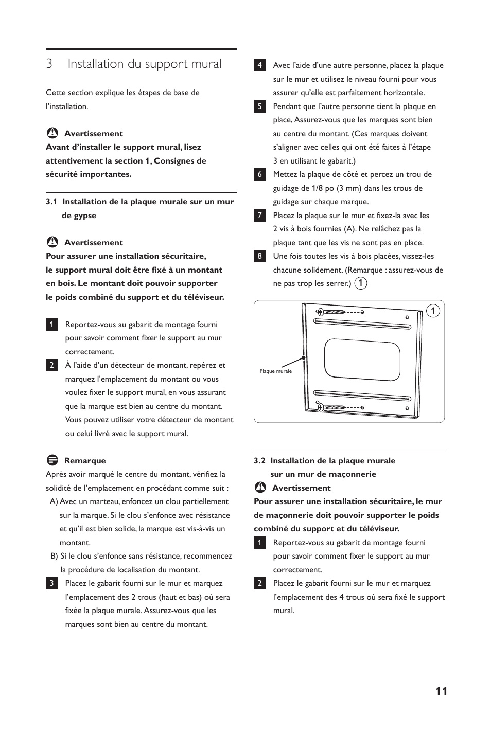 3 installation du support mural | Philips SQM4122/27 User Manual | Page 11 / 20