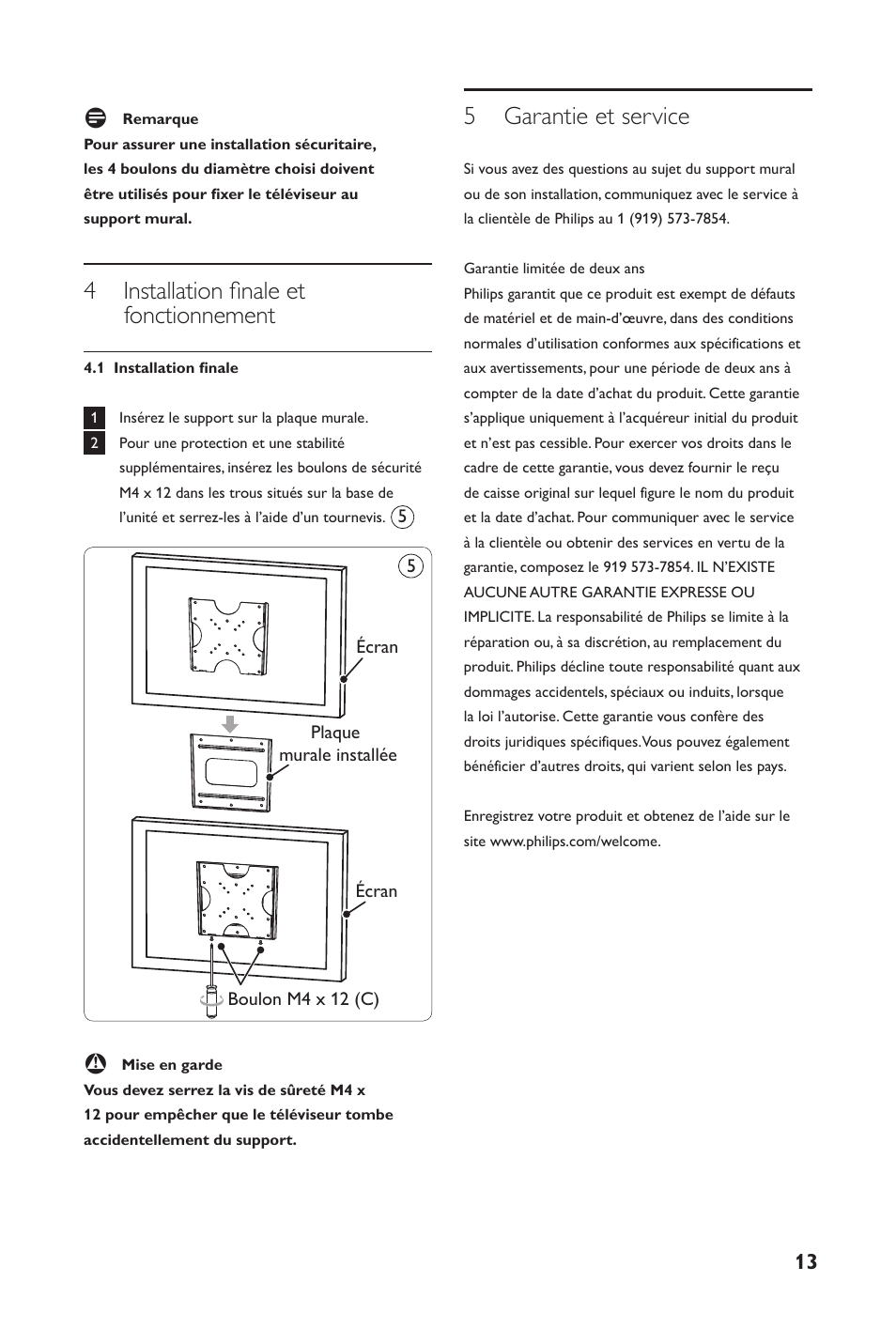 4 installation finale et fonctionnement, 5 garantie et service | Philips SQM4122/27 User Manual | Page 13 / 20