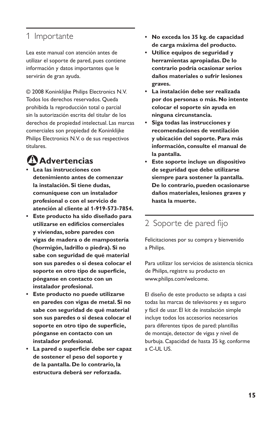 1 importante, Advertencias, 2 soporte de pared fijo | Philips SQM4122/27 User Manual | Page 15 / 20