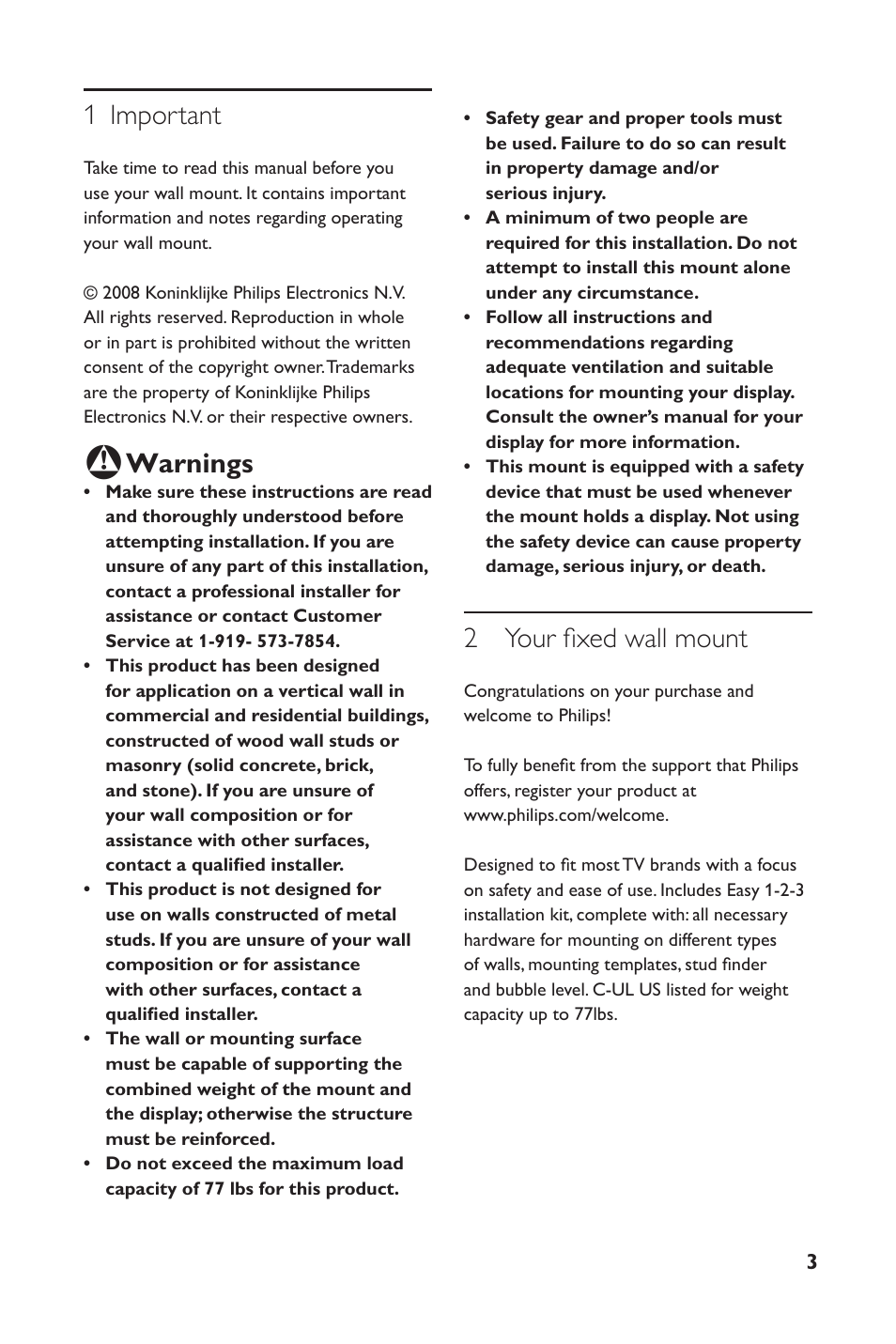 1 important, Warnings, 2 your fixed wall mount | Philips SQM4122/27 User Manual | Page 3 / 20
