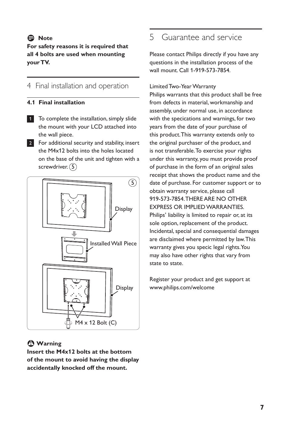 5 guarantee and service, 4 final installation and operation | Philips SQM4122/27 User Manual | Page 7 / 20