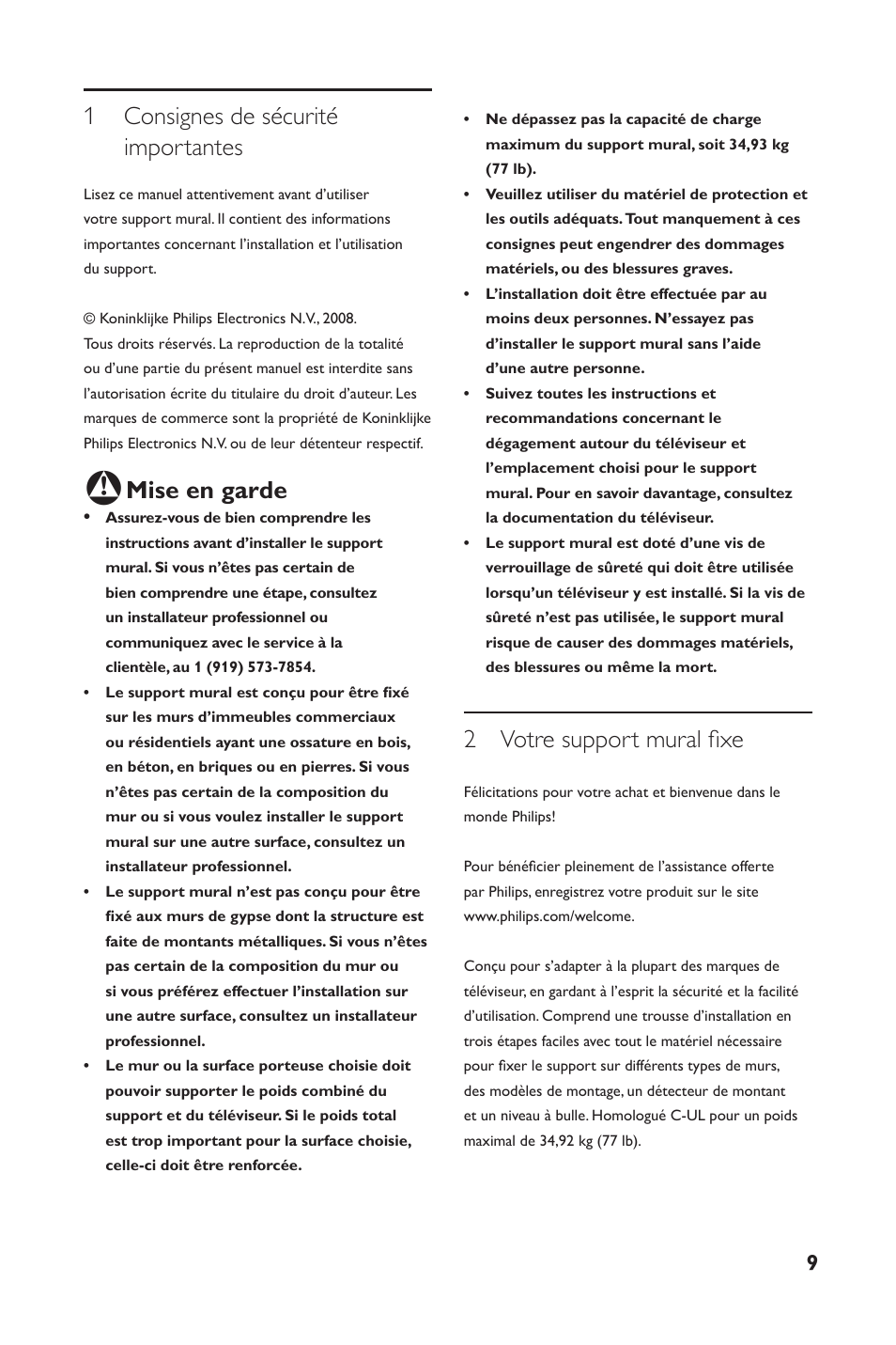 1 consignes de sécurité importantes, Mise en garde, 2 votre support mural fixe | Philips SQM4122/27 User Manual | Page 9 / 20