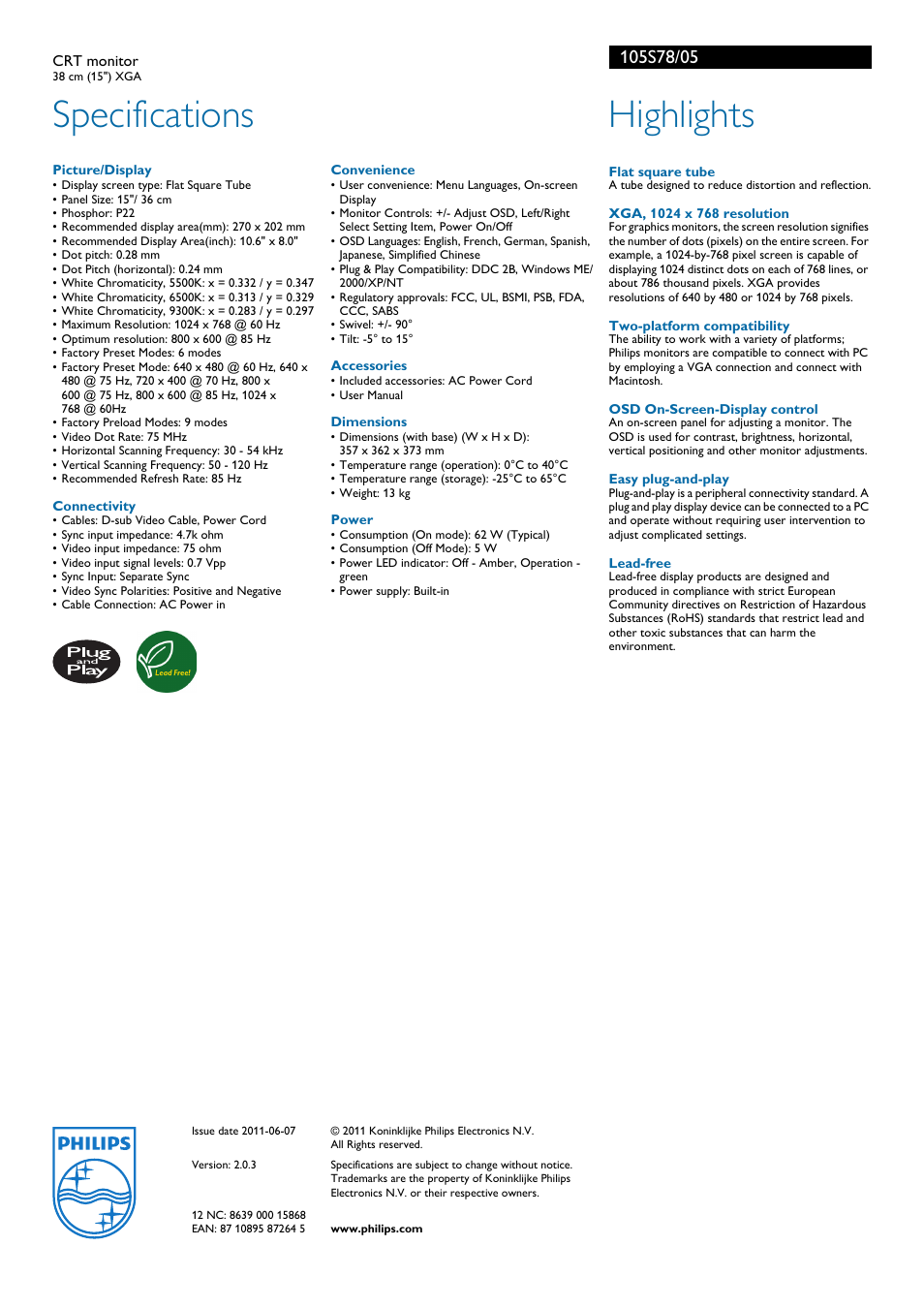 Specifications, Highlights | Philips 105S05 User Manual | Page 2 / 2