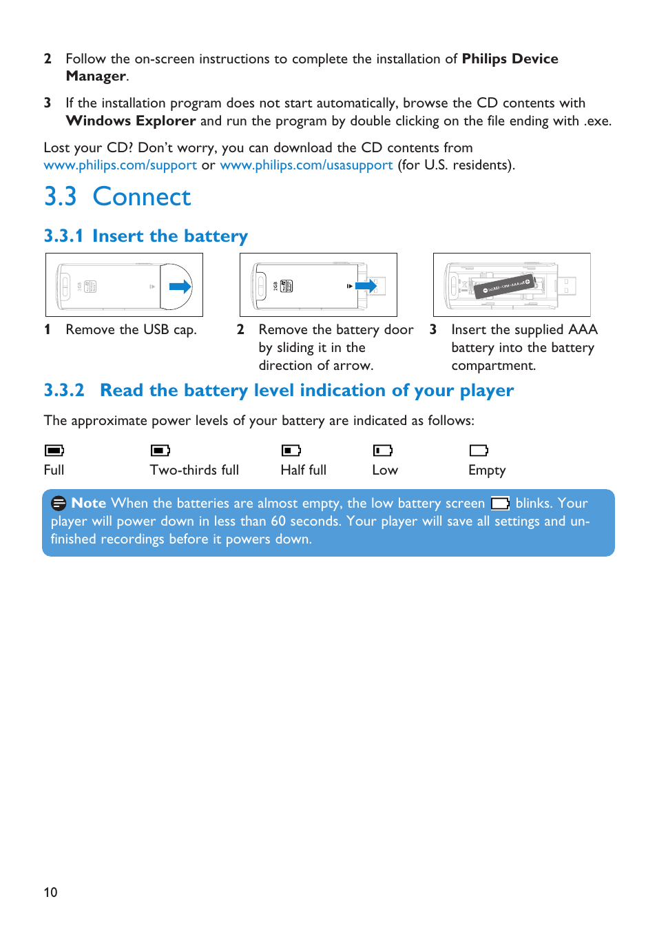 3 connect, 1 insert the battery, 2 read the battery level | 4 transfer, Connect, Insert the battery, Read the battery level indication of your player, Transfer | Philips Audio Player SA2101 User Manual | Page 10 / 22