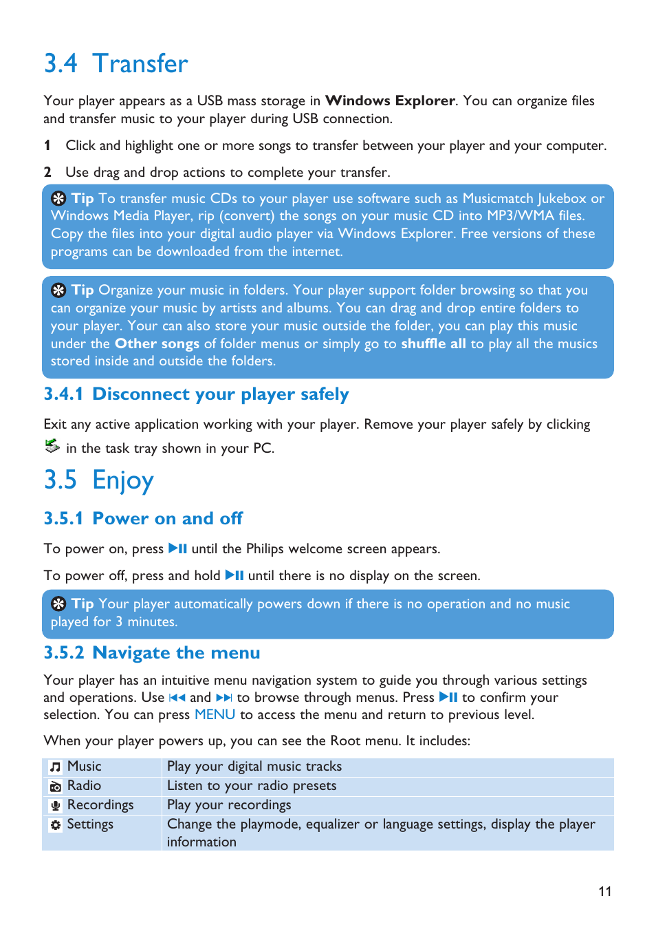 1 disconnect your player, 5 enjoy, 1 power on and off | 2 navigate the menu, Disconnect your player safely, Enjoy, Power on and off, Navigate the menu, 4 transfer, 1 disconnect your player safely | Philips Audio Player SA2101 User Manual | Page 11 / 22