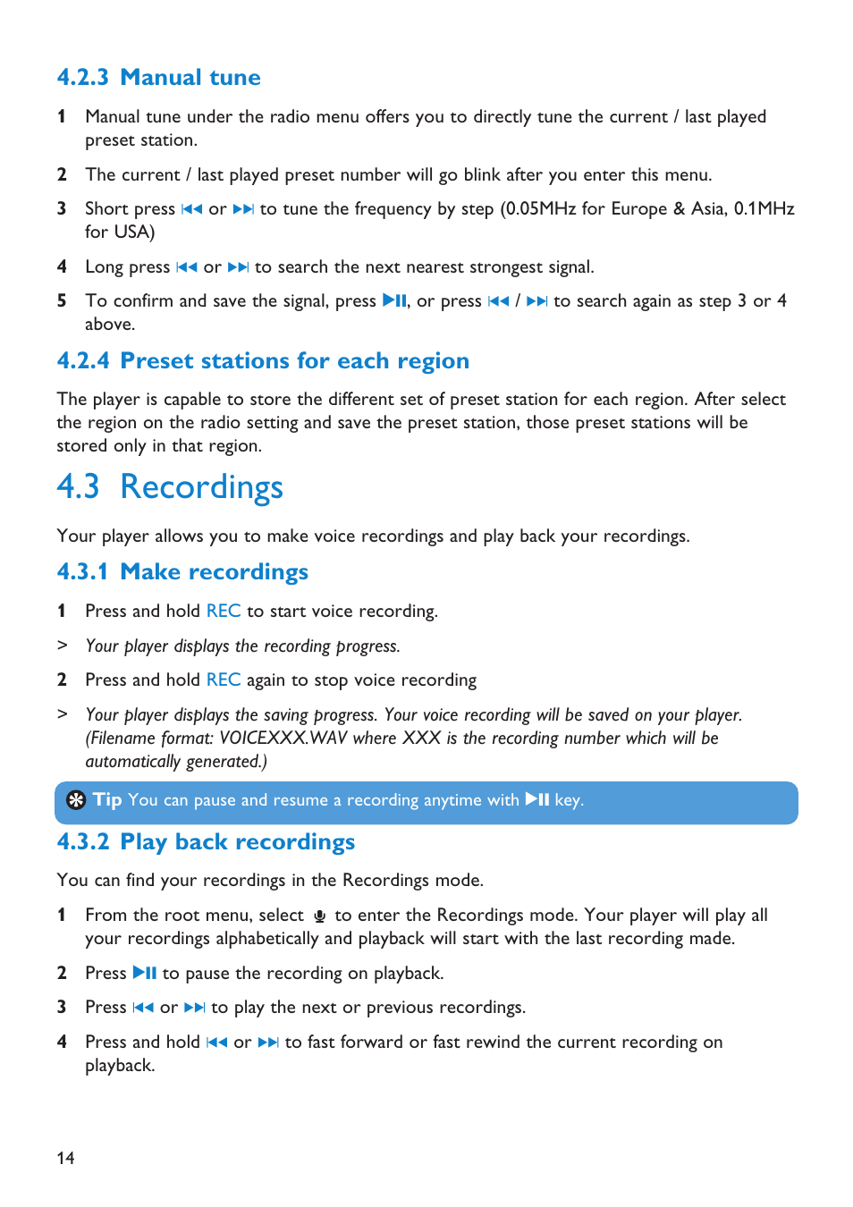 3 manual tune, 4 preset stations for ea, 3 recordings | 1 make recordings, 2 play back recordings, Manual tune, Preset stations for each region, Recordings, Make recordings, Play back recordings | Philips Audio Player SA2101 User Manual | Page 14 / 22