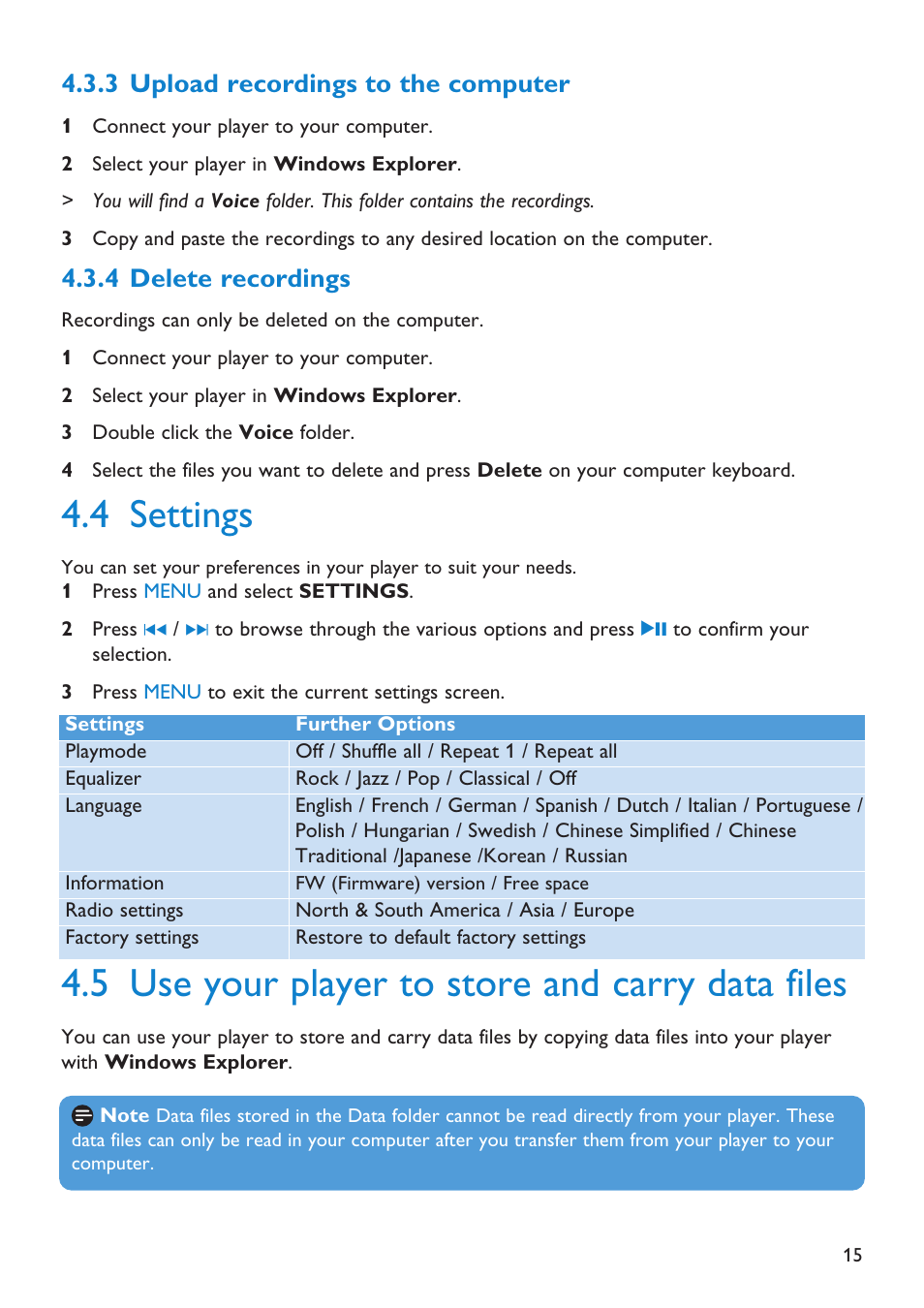3 upload recordings to t, 4 delete recordings, 4 settings | 5 use your player to store, Upload recordings to the computer, Delete recordings, Settings, Use your player to store and carry data files, 5 use your player to store and carry data files, 3 upload recordings to the computer | Philips Audio Player SA2101 User Manual | Page 15 / 22