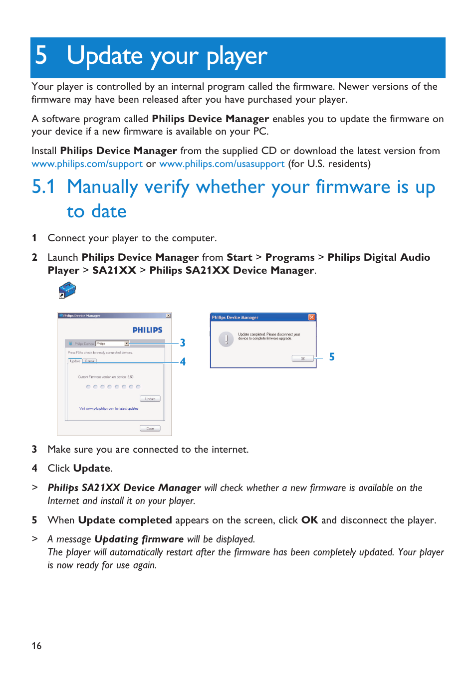 5 upgrade your player, 1 manually verify whether, Upgrade your player | 5 update your player | Philips Audio Player SA2101 User Manual | Page 16 / 22