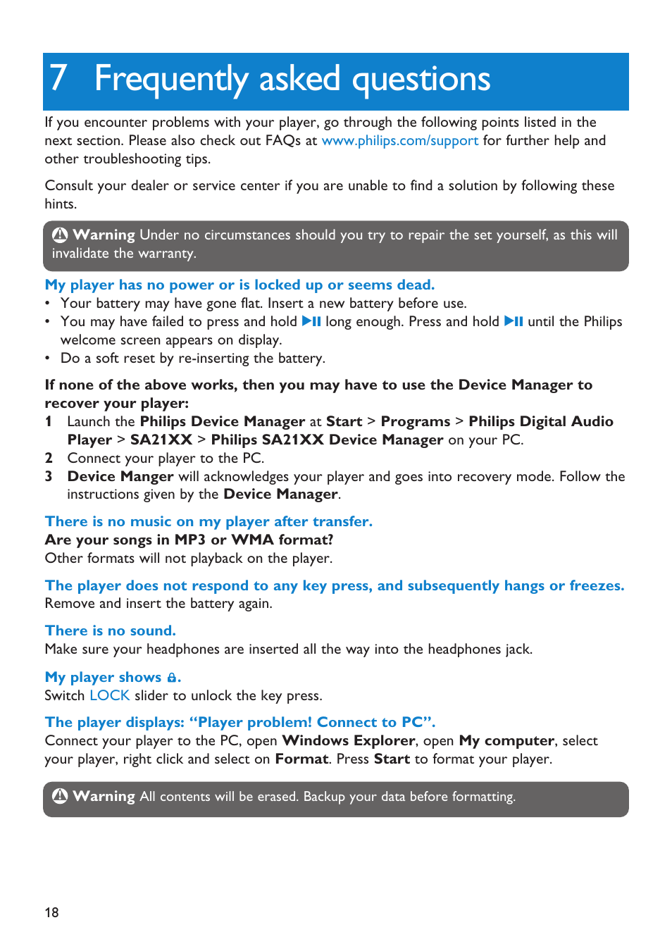 8 frequently asked questions, Frequently asked questions, 7 frequently asked questions | Philips Audio Player SA2101 User Manual | Page 18 / 22