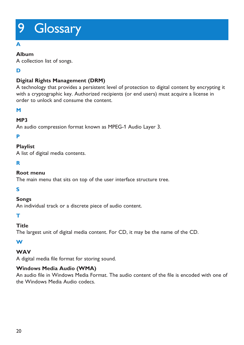 9 glossary, Glossary | Philips Audio Player SA2101 User Manual | Page 20 / 22