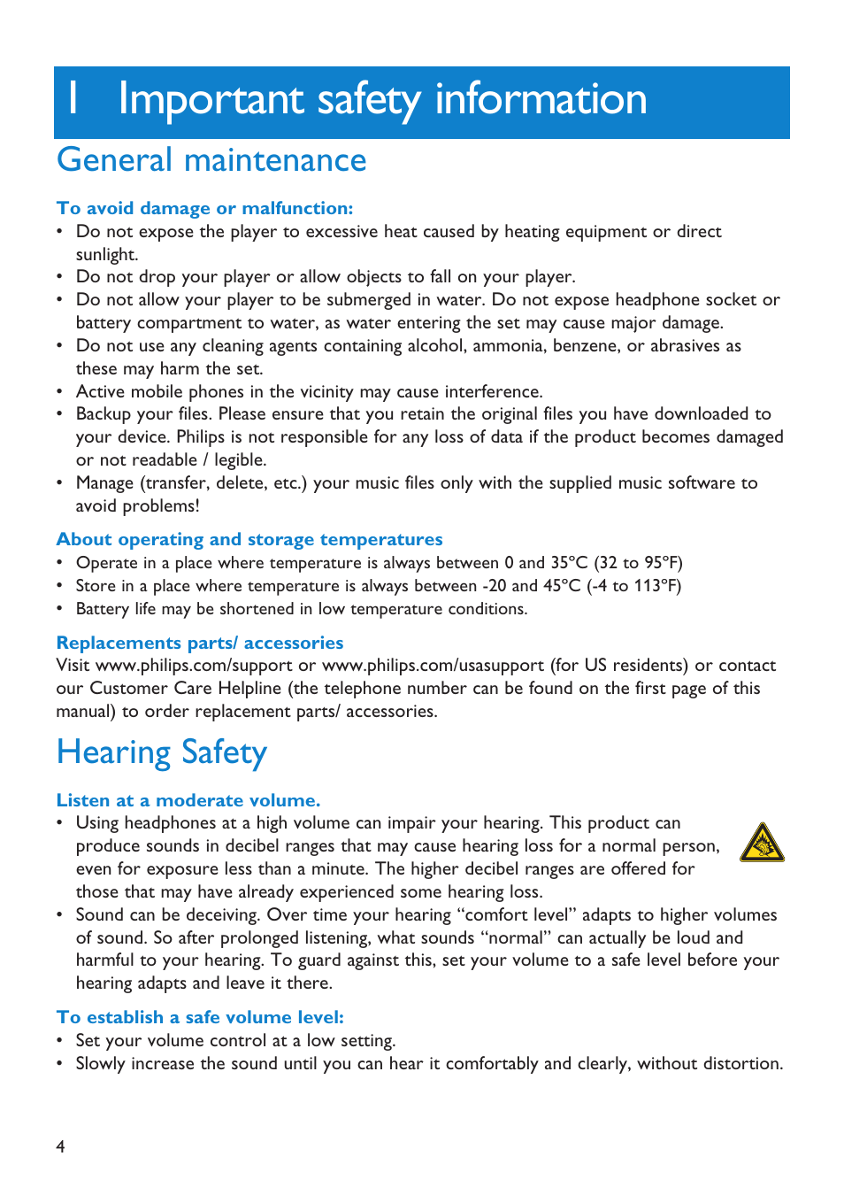 1 important safety information, Important safety information, General maintenance | Hearing safety | Philips Audio Player SA2101 User Manual | Page 4 / 22
