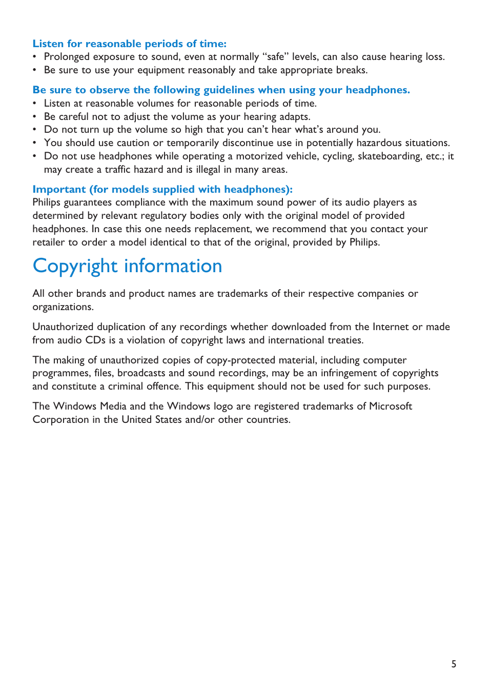 Copyright information | Philips Audio Player SA2101 User Manual | Page 5 / 22
