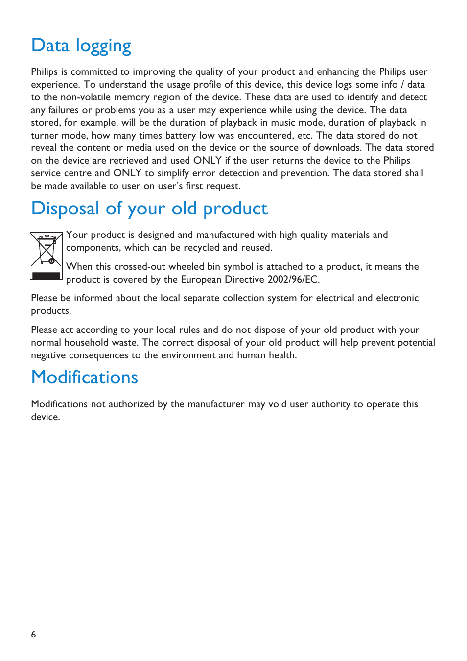 Data logging, Disposal of your old product, Modifications | Philips Audio Player SA2101 User Manual | Page 6 / 22
