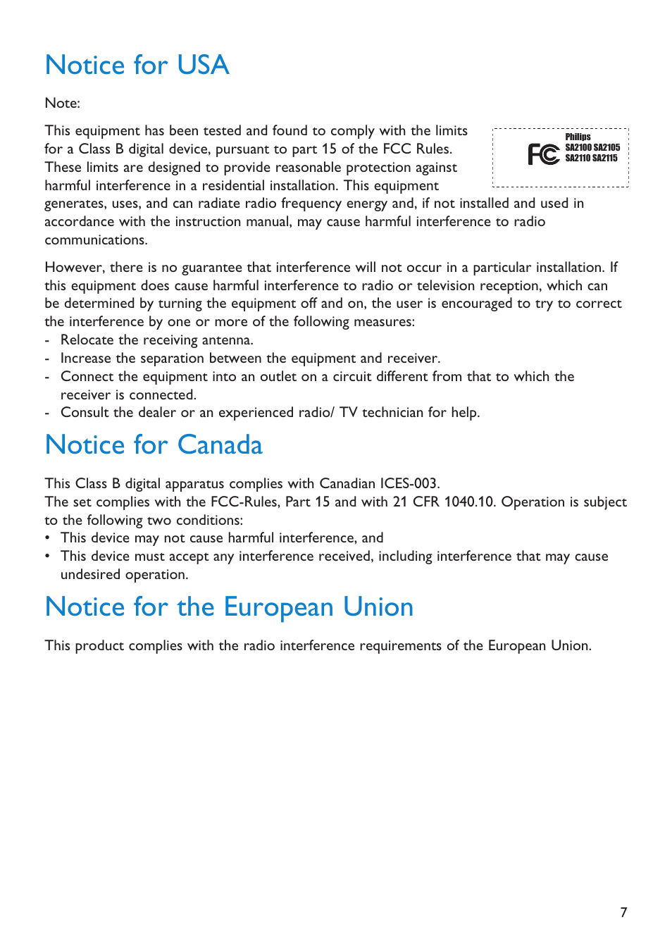 Notice for usa, Notice for canada, Notice for the european union | Philips Audio Player SA2101 User Manual | Page 7 / 22