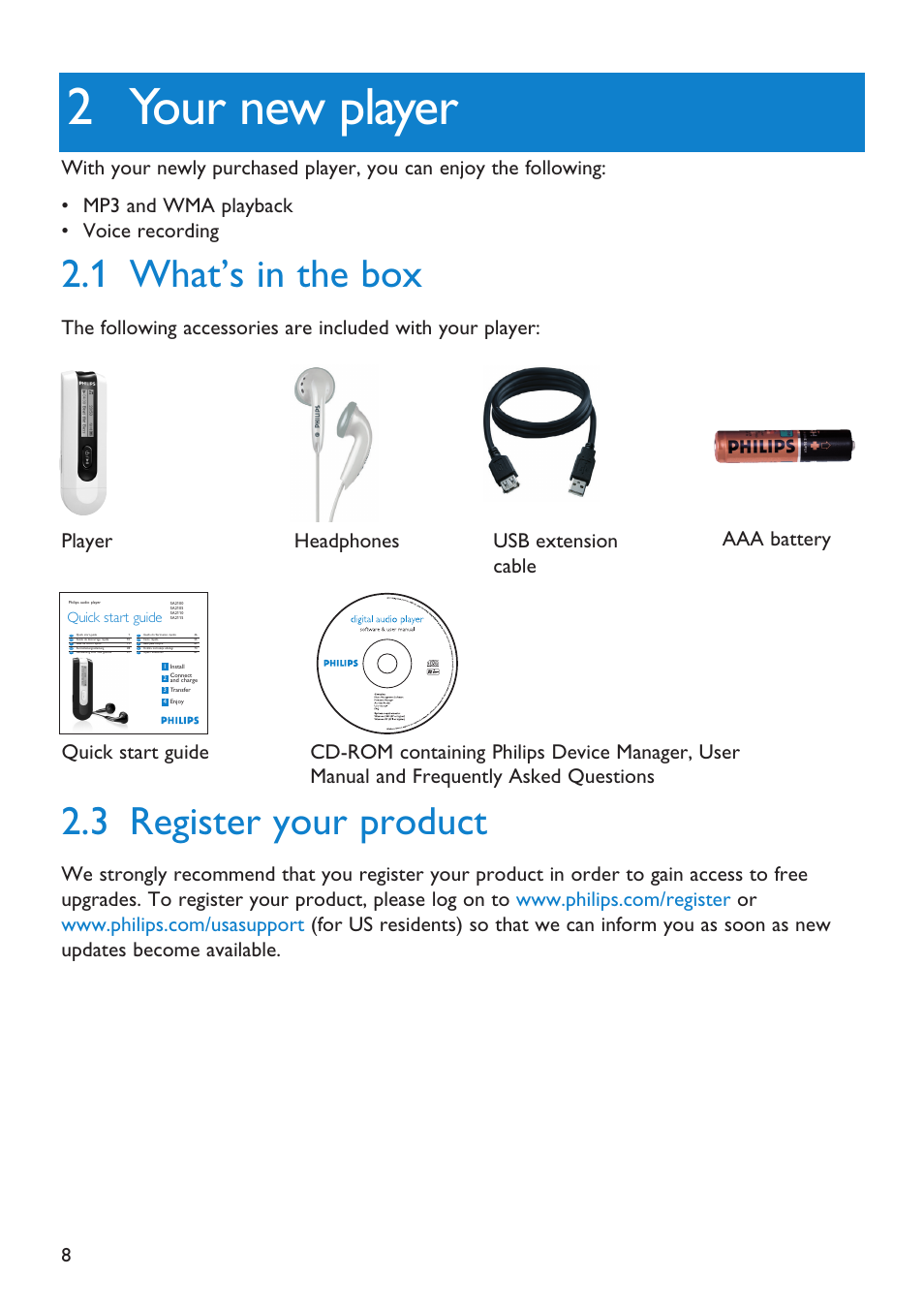 2 your new player, 1 what’s in the box, 3 register your product | Your new player, What’s in the box, Register your product, Quick start guide | Philips Audio Player SA2101 User Manual | Page 8 / 22