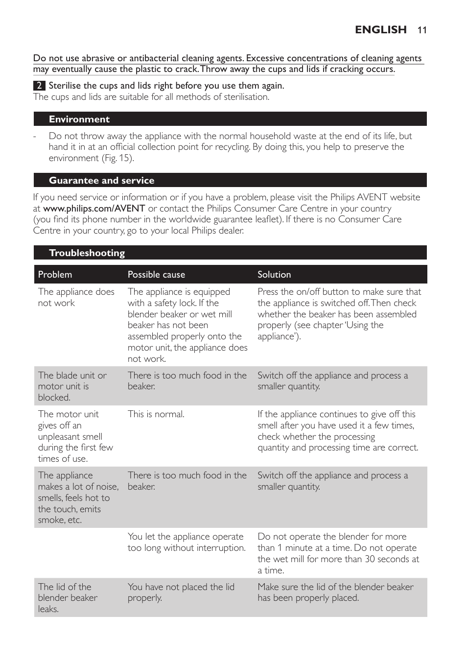 Cleaning philips avent storage cups, Environment, Guarantee and service | Troubleshooting | Philips AVENT SCF860/20 User Manual | Page 11 / 108