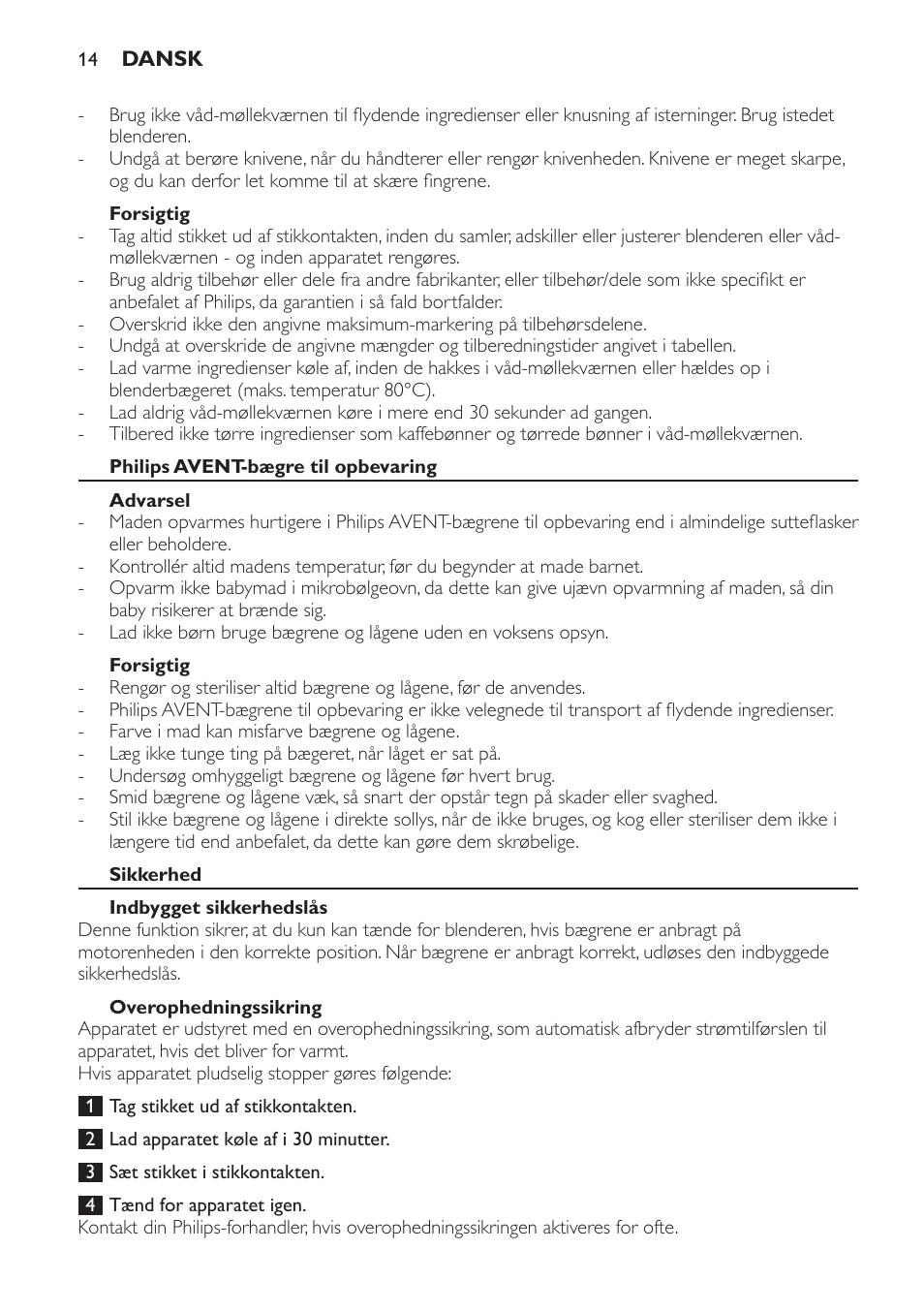 Forsigtig, Philips avent-bægre til opbevaring, Advarsel | Sikkerhed, Indbygget sikkerhedslås, Overophedningssikring | Philips AVENT SCF860/20 User Manual | Page 14 / 108