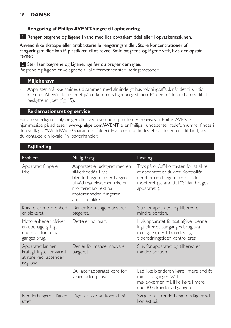 Rengøring af philips avent-bægre til opbevaring, Miljøhensyn, Reklamationsret og service | Fejlfinding | Philips AVENT SCF860/20 User Manual | Page 18 / 108